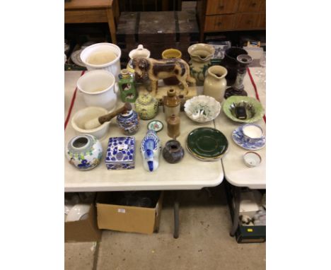 A large dog ornament; various pottery jugs; a candlestick; Chinese ginger jar etc.
