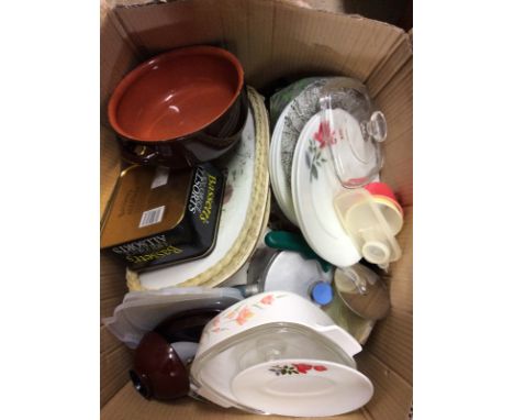 A box containing various kitchenalia; tins; trays; an onyx table lighter; saucepans etc.