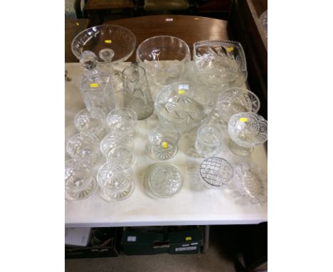 A quantity of various glassware to include a decanter and stopper; six sundae dishes; fruit bowls; a comport etc.