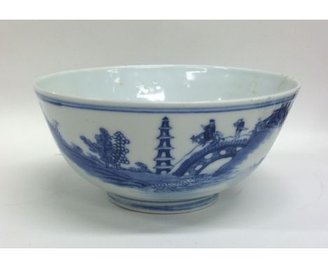 A Chinese blue and white bowl decorated with scenes. Seal mark to base. Est. £30 - £50.