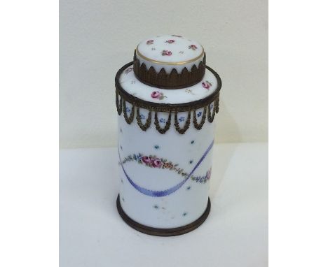 A French cylindrical tea caddy decorated with swags. Approx. 14 cms high. Est. £25 - £35.