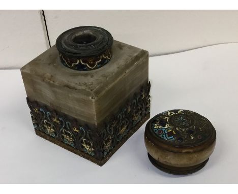 An onyx and cloisonné square inkwell decorated in bright colours. Est. £20 - £30.
