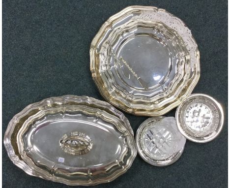 A large silver plated entrée dish together with a toddy ladle etc. Est. £15 - £20.