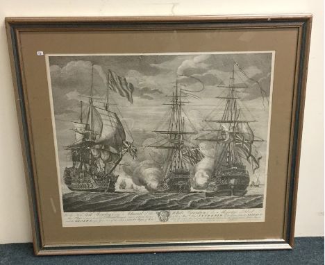 A framed and glazed print depicting ships. Est. £15 - £20.