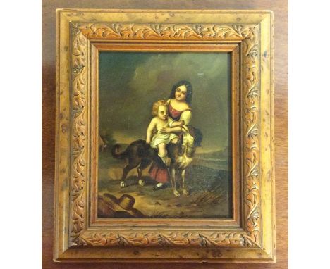 A small rectangular oil on panel depicting a child and dog in carved frame. Approx. 12 cms x 9 cms. Est. £30 - £50.
