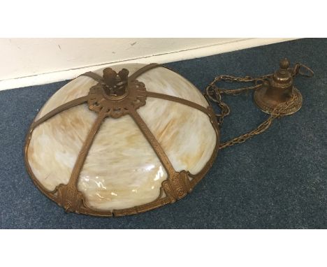 An Art Nouveau six panel ceiling light with brass mounts. Est. £80 - £120.
