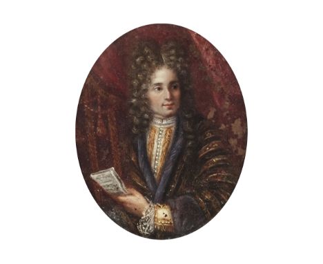 Miniatur Mitte 18. JahrhundertÖl auf Kupfer Portrait eines Adeligen oder SchriftstellersIn einem Biedermeierrahmen Um 18309,5