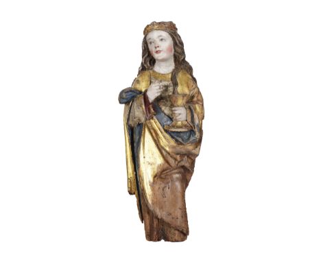 Heilige BarbaraSchwäbischUm 1510/15Lindenholz geschnitztOriginale Polychromie &amp; VergoldungHöhe 54 cmProvenienz: Sammlung 