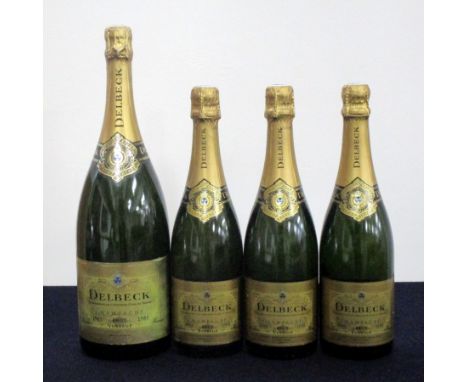 1 magnum Delbeck Brut Vintage Champagne 1985 3 bts Delbeck Brut Vintage Champagne 1990 Above one magnum and three bottles
