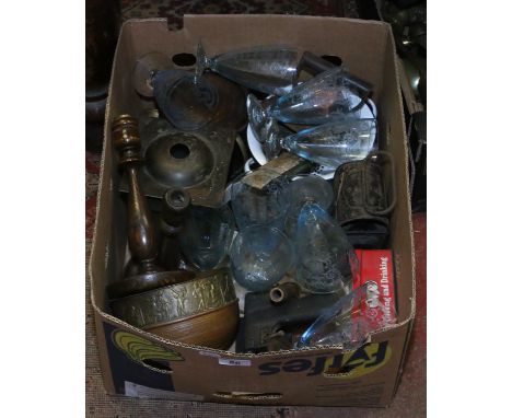 A box of miscellaneous items to include candlesticks, lamp, glassware, flat iron, tins etc.
