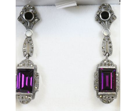 A pair of modern silver drop earrings of belle epoque style set with amethyst, marcasites and mother of pearl.