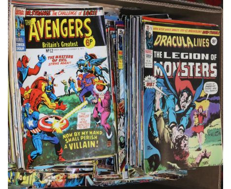 A box of vintage UK Marvel comics including the Avengers and Dracula Lives 'The Legion of Monsters'.