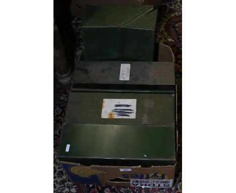 Four vintage green painted tin filing boxes.
