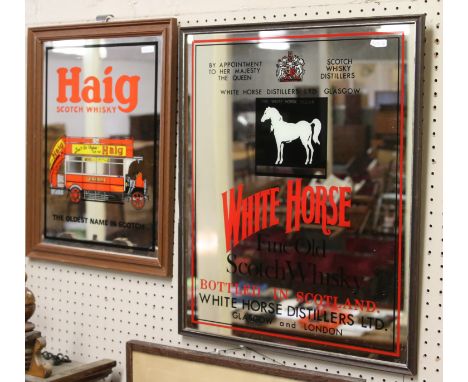 Two framed advertising mirrors for Whitehorse Scotch Whisky and Haigs.