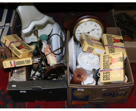 Two boxes of miscellaneous to include John Moore wall clock, teawares, dinner ware, figural table lamp, glassware etc.