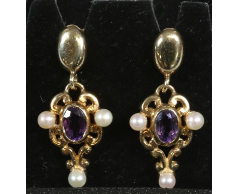 A pair of 9ct gold amethyst and seed pearl cluster drop earrings.