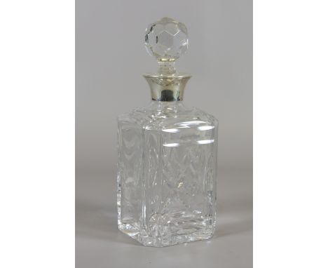 A Camelot crystal decanter with silver collar, assayed Sheffield 1995.