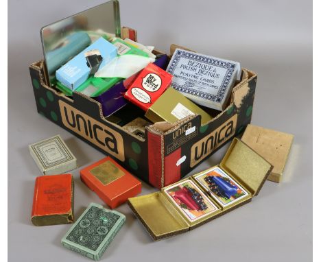 A box containing philatelist equipment and vintage boxed playing cards including De Lands automatic playing cards etc.