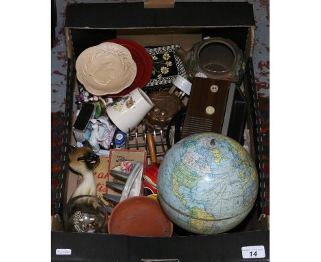 A box of miscellaneous including Chad Valley tin plate globe, china fairings and Christmas decorations etc.