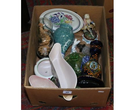A box of miscellaneous including cork carvings under glass domes, Poole, Maling and old Tupton ware.