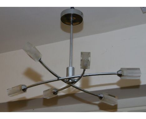 A contemporary chrome and glass ceiling light with six branches.