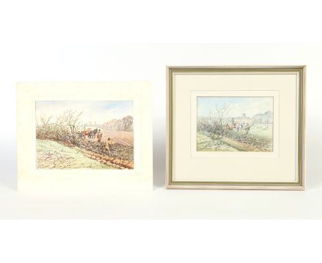 Ernest Arthur Marsh (b. 1918, Yorkshire). A small framed watercolour and accompanying rough sketch. Farm labourers working a 