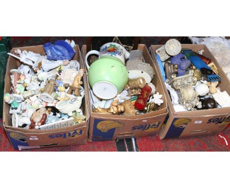 Three boxes of mixed ceramics and collectables including cherub figures and coloured bisque etc.