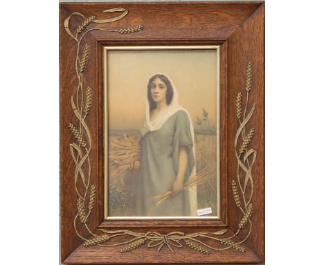 A Victorian pre raphadite style portrait print of a farm girl harvesting, in a oak frame with gesso adorment depicting ears o