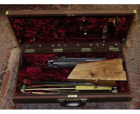 A vinyl covered metal bound musical instrument case with key (in office) along with two folding music stands, brass tipped fl