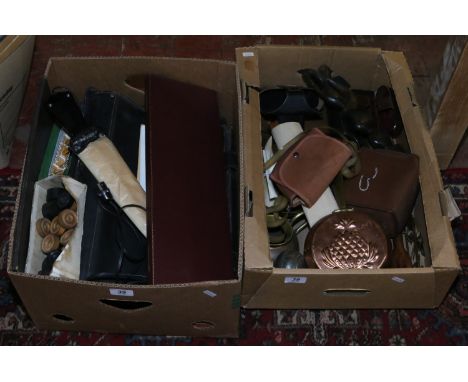 Two boxes of collectables including vintage cameras, wooden items and leather satchels etc.