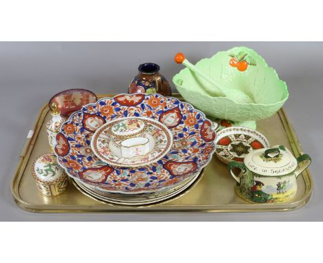 A tray of decorative items to include Japanese Imari plate, Carltonware salad bowl, Moorcroft style twin handled vase etc.