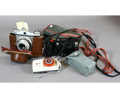 A quantity of vintage photographic equipment including a Goldeck 6 X 6 SLR camera, A Minolta AF- E II camera and a West Hyper