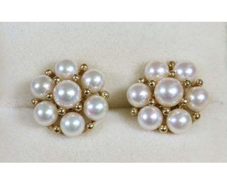 A pair of cased 9ct gold cultured pearl cluster ear studs.