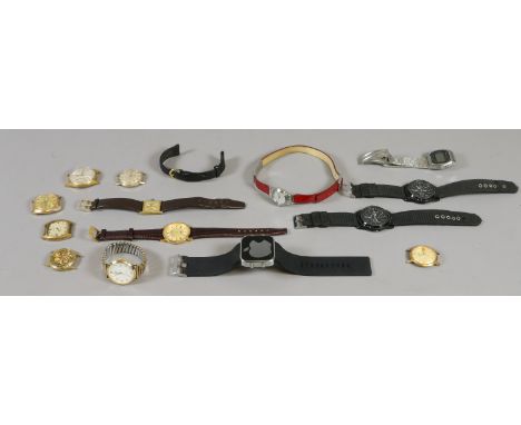 A box of assorted gents wristwatches including gold capped examples, Lings chronograph, Rotary and Timex etc.