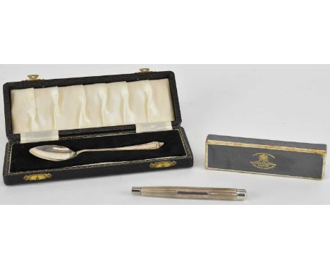 SAMPSON MORDAN &amp; CO LTD; a George V hallmarked silver propelling pencil, London 1931, (af), and a cased Birmingham hallma