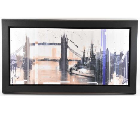 † KRIS HARDY; oil on canvas, 'HMS Belfast and Tower Bridge', signed lower right, 52 x 106.5cm, framed.