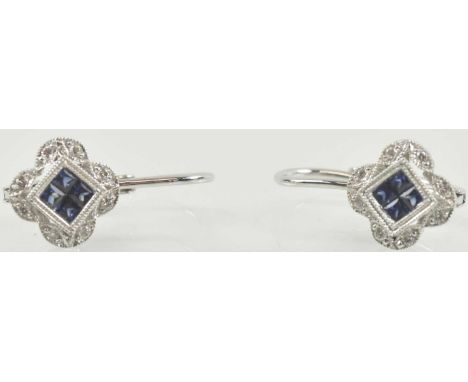 A pair of 18ct white gold sapphire and diamond set earrings, combined approx 3.2g.