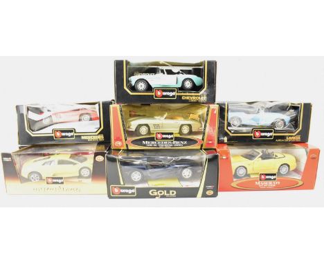 BURAGO; seven boxed diecast vehicles comprising Chevrolet Corvette Targa, Lancia Aurelia B24 Spider (1955) (3010), Mercedes-B