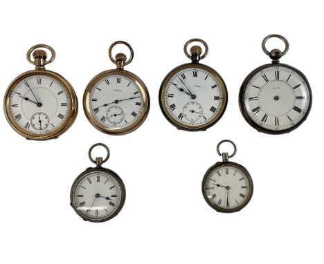 Two early 20th century Dennison cased gold plated pocket watches, including a Waltham example, the white enamel dial set with