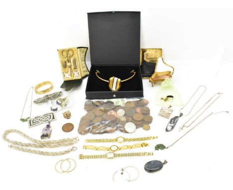 A group of costume jewellery including a Stephane Dunoyer gilt brass ring, with dragonfly tablet table, a hallmarked silver f