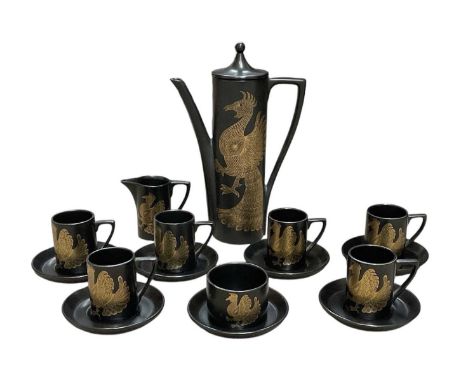 PORTMEIRION; a 1970s gilt decorated six setting coffee service in the 'Phoenix' pattern, comprising coffee pot, milk jug, sug