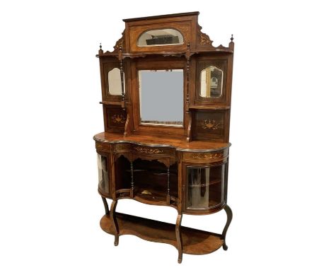 An early 20th century rosewood and inlaid mirror back chiffonier, with mirrored back above pair of glazed cupboard doors, wid