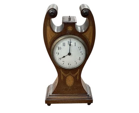 An Edwardian mahogany and shell inlaid mantel clock, the white enamel dial set with Arabic numerals and subsidiary seconds, h