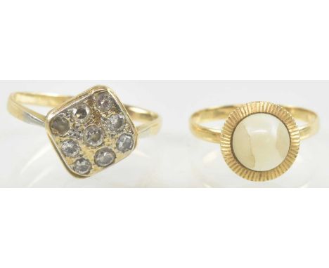 A yellow metal square head diamond ring, set with nine small diamonds, size K, and a yellow metal simulated pearl set dress r