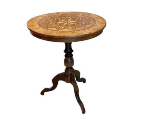 A late 19th century Italian walnut and parquetry inlaid tripod occasional table with circular top, diameter 60cm.