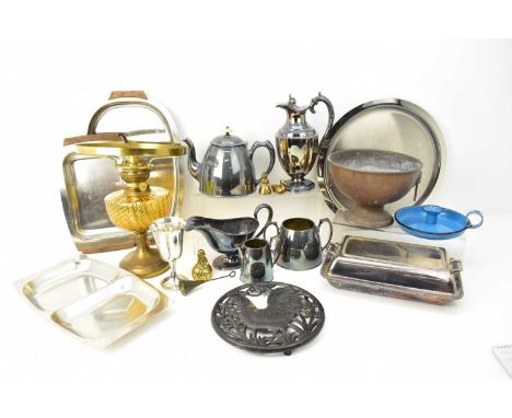 A group of silver plated items including teapot, fruit bowl, tureen, cutlery etc, also stainless steel platters, copper fruit