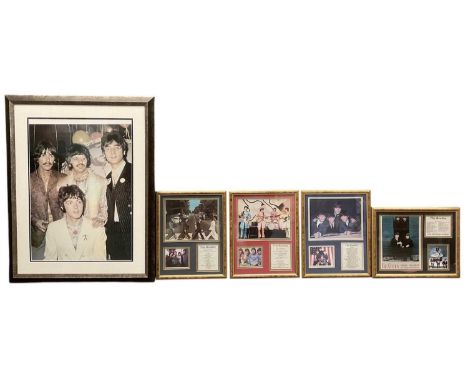 THE BEATLES; a large photograph of The Beatles, 59 x 41.5cm, framed and glazed, and a set of four Beatles montages including 