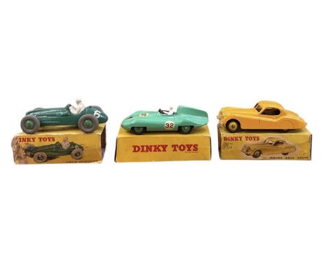 DINKY TOYS; a boxed Cooper-Bristol Racing Car, in green colourway, a boxed Jaguar XK120 Coupé and a boxed Connaught Racing Ca