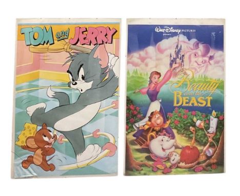 TOM &amp; JERRY; a glazed poster of cat and mouse, 93 x 62cm, and a Beauty and the Beast Disney glazed poster, 93.5 x 62cm (2