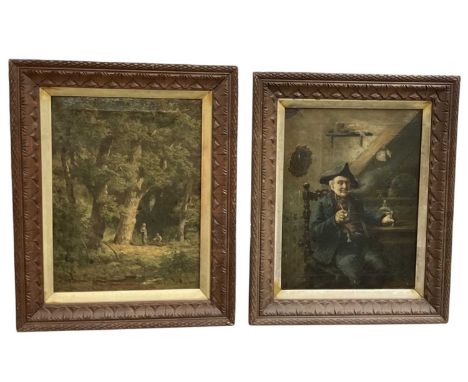 J W VAN RURSELL; oil on canvas, children playing in the woods, signed lower right, 40 x 30cm, framed, and a further oil on ca